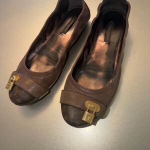 Louis Vuitton Brown Monogram Cap-Toe Ballet Flats with Gold Padlock